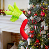 Roll over image to zoom in        Furry Green Thief Christmas Decoration Arm Ornament Green Christmas Tree Topper Xmas Arm Plush Doll Green Christmas Thief Hand Decors Holder for Christmas New Year Party