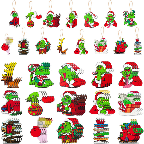 46Pcs Christmas Theme Hanging Ornaments Green Furry Wooden Decorative Green Christmas Monsters Tree Hanging Sign with Rope Christmas Gnome Gift Tag for Christmas Tree Home Decoration