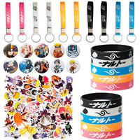 80 Pcs Naruto Party Supplies Konoha Party Favors for Game Fans Include 10 Keychains, 10 Bracelets, 10 Badges, 50 Stickers for Video Game Themed Party