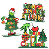 Green Christmas Monster Wooden Table Decoration Centerpiece 3 Pack Wood Desk Removable Decoration Sign Set with Christmas Green Monster Ornament for Christmas Winter Theme Party Decor Table Tier Tray