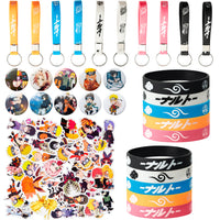 80 Pcs Naruto Party Supplies Konoha Party Favors for Game Fans Include 10 Keychains, 10 Bracelets, 10 Badges, 50 Stickers for Video Game Themed Party