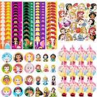 116 Pcs Princess Party Supplies Kit Queen Party Favors All-in-One Pack Princess Themed Party Supplies Include Dress-up Face Stickers Blowouts Keychains Badges Princess Stickers for Girls Kids