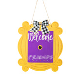 Christmas Wood Friend Hanging Welcome Door Sign Decoration TV Show Inspired Welcome Door Sign with Buffalo Bow and Rope Yellow Frame Front Door Porch Decor for Christmas New Year