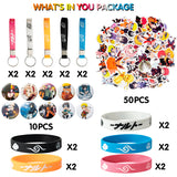 80 Pcs Naruto Party Supplies Konoha Party Favors for Game Fans Include 10 Keychains, 10 Bracelets, 10 Badges, 50 Stickers for Video Game Themed Party