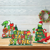 3 Pcs Green Christmas Monster Wooden Table Decoration Centerpiece Wood Table top Removable Decoration Sign Set with Furry Green Merry Christmas Monster Ornaments for Table Tier Tray Christmas Winter Theme Party Decor