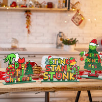 Green Christmas Monster Wooden Table Decoration Centerpiece 3 Pack Wood Desk Removable Decoration Sign Set with Christmas Green Monster Ornament for Christmas Winter Theme Party Decor Table Tier Tray